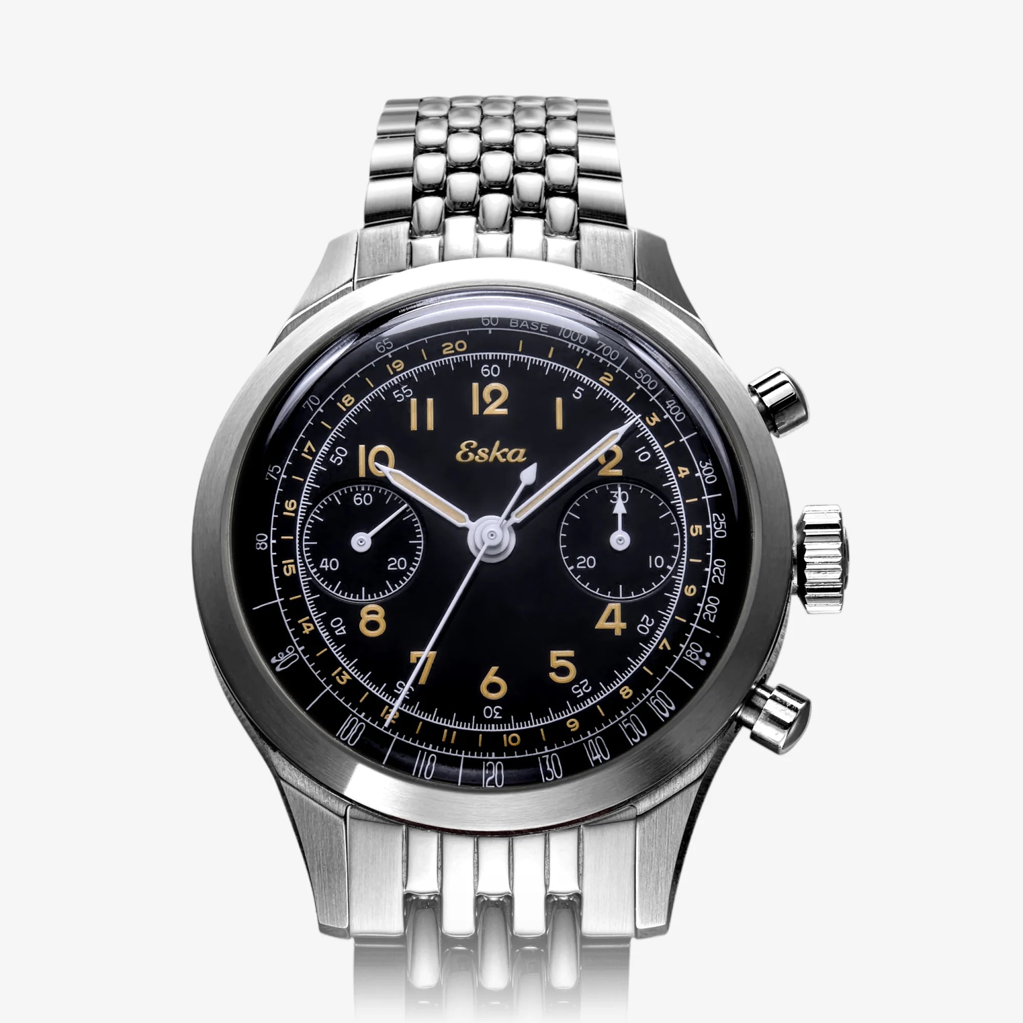 Montre Chronographe Mécanique à Remontage Manuel Eska Heritage SK25 Noire bracelet acier grain de riz